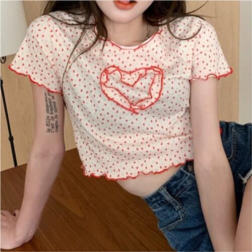 VSUE Girls Sweet Causal Summer Polka Dot Print Heart Shaped Ruffled O-Neck Edible Tree Fungus Skinny Short T-Shirt TEE TopsB3085