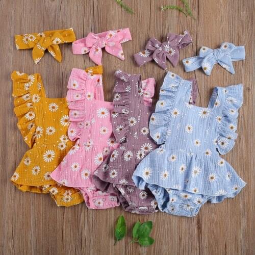 0-24M Infant Baby Girl Sweet Romper Headband 2pcs Daisy Printing Ruffle Short Sleeve Playsuit Summer Cotton Linen Clothes