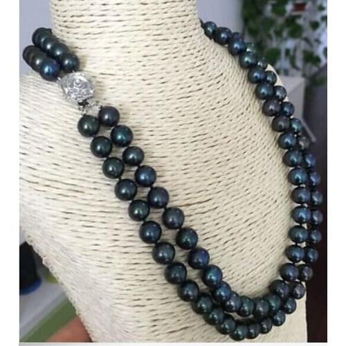 Beautiful 2row 10-11 mm round tahitian peacock green pearl necklace 18"-19"