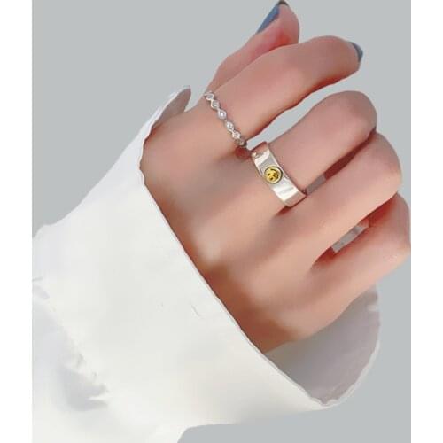 Vintage Round Smile Face Open Ring For Women Ancient Silver Color Simple Cute Geometric Happy Smiley Faces Adjustable Rings A915