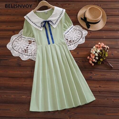 2021 Summer Sweet Dresses For Women Japanese Style Short Sleeve Sailor Collar Embroidery Dress Ribbon Retro Green Pleated Dress