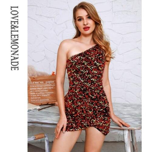 LOVE&LEMONADE Sexy One Shoulder Sleeveless Red Elastic Sequin Bodycon Mini Dress LM83149