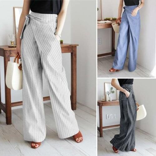 Fashion Women Wide Leg Long Trousers 2021 Casual Summer Flare High Waist Striped Straight Trousers Loose Pants Pantalon Femme