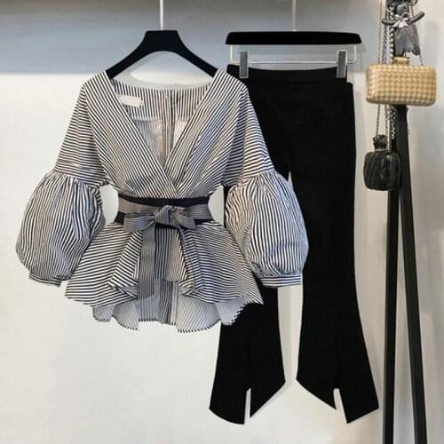New 2021 Spring Summer 2 Pcs Suits Womens Striped Bow Lantern Sleeve Blouse + Black Split Flare Sleeve Pants Set S-3XL