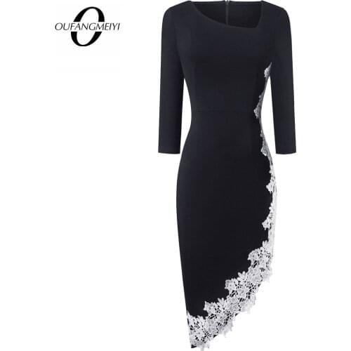 Autumn Chic Floral Lace Asymmetric Collar Elegant Retro Slim Casual Party Office Lady Dress EB561