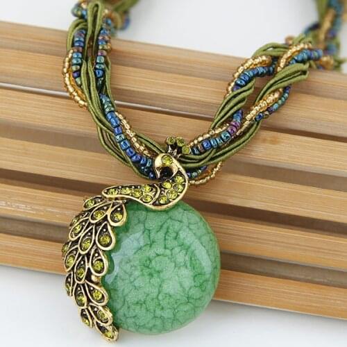 LEMOER Bohemian Jewerly Colorful Bead Chain Pendant Necklace for Women Vintage Peacock Stone Necklaces Statement Collares Femme
