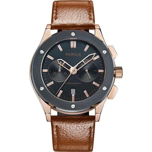 Parnis Pilot V Seriers Luminous Mens Leather Watchband Military Sport Chronograph Quartz Watch Wristwatch