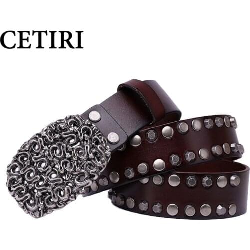 High Quality Vintage Metal Belt Buckle Men rivet Belt Top GrainThick Genuine Leather Belt Men Punk Male Strap Wide Belts