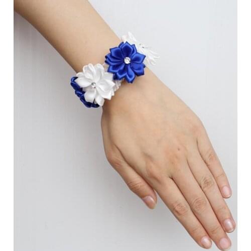 Crystal Wrist Flowers Royal Blue White Wrist Corsage Bridesmaid Silk Ribbon Flowers On Wrist DIY Wedding Accessories SW0678-Z