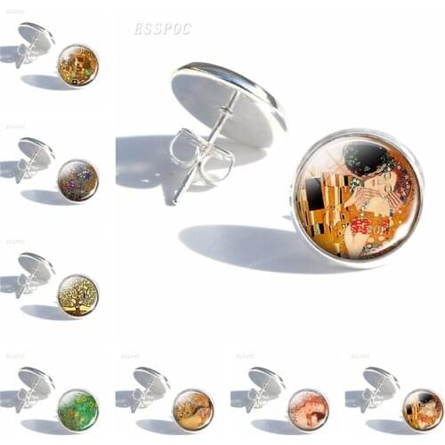 Gustav Klimt Art Print Silver Plated Glass Circle Stud Earrings Stainless Alloy Earings Handmade Ear Jewelry For Women