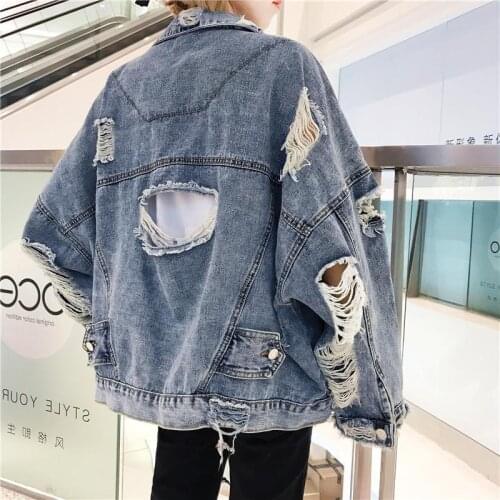 Vintage Denim Jacket Women Basic Coat Casual Hole Boyfriend Style Streetwear Jackets Turn-down Collar Washed Blue Jeans Outwear