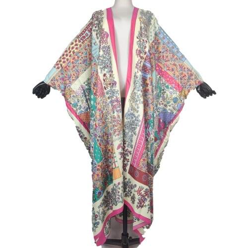 Thailand 2021 Bohemian Silk Beach Long Cardigan For Women Swimwear Casual European Open Front Printed Duster Coat for Muslim