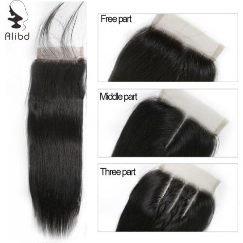 Alibd 4*4 Free Middle Three Part Lace Closure Straight Human Hair Closure 8-20" Peruvian Swiss Lace Closures With Baby Hair