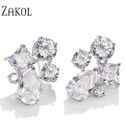 ZAKOL Brand Trendy Geometric Zirconia Crystal Stud Earrings For Women Fashion Cz Wedding Statement Jewelry FSEP2419