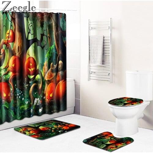Zeegle Halloween Christmas Bath Curtain Shower Curtain Bathroom Carpet Set Non-slip Toilet Rug Shower Mat Absorbent Bath Mat Set