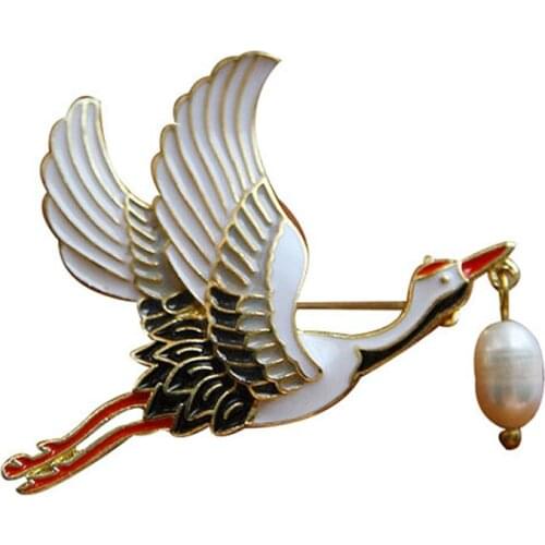 Blucome Vivid Enamel Crane Bird Brooch Alloy Pearl Brooch High Quality for Women Suit Jacket Animal Brooch Jewelry Accessories