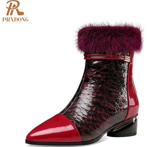 2021 New Brand Women Boots Genuine Leather Real Fur Med Heels Pointed Toe Zipper Warm Autumn Winter Ankle Boots Black Red Shoes
