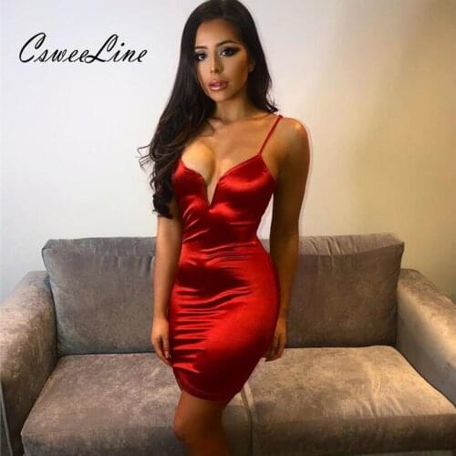 New Arrival Sexy Bodycon Mini Dress V Neck Chic Summer 2019 Satin Dresses Vestidos Spaghetti Strap Women Sheath Club Party Dress