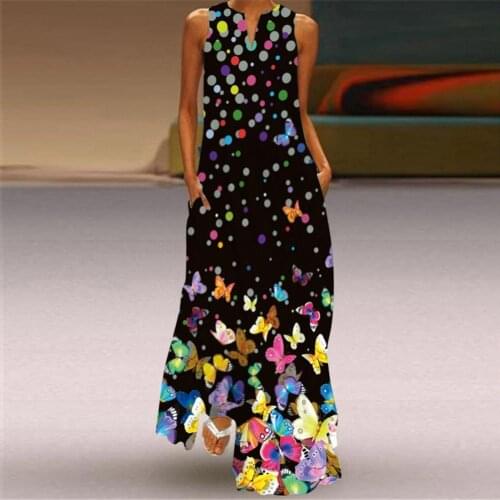 Sleeveless Long Dress 2021 Casual Stylish Beach Women Summer Dress Lady V Neck Butterfly Printed Dresses Elegant Womens Dress