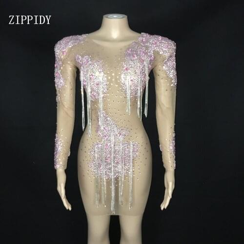 2020 New Design Pink Crystals Fringes Dress Prom Evening Celebrate See Through Mesh Dress Shining Birthday Transparent Dress
