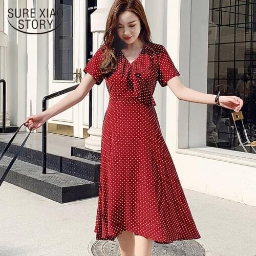 2021 Summer Short Sleeve Ruffles Women Dress Polka Dot Dress Korean Stye V-neck Temperament Red Party Dress Vestidos 8834 50