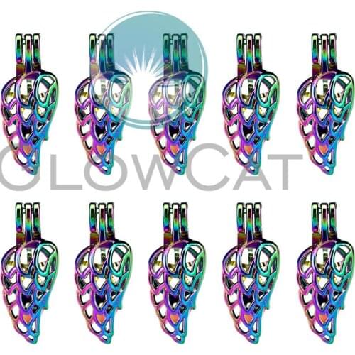10x C837 Rainbow Colors Feather Wings Pearl Cage Locket Pendant Essential Oil Diffuser Bead Cage Jewelry Locket For Oyster