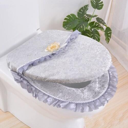 2pcs/set Velvet Lace Toilet Seat Cover Set Winter Warm Magic Sticker PU Waterproof Seat Case Closestool Protective Cover
