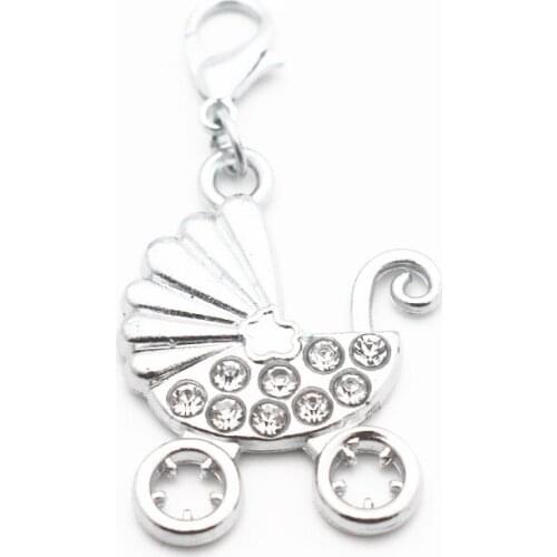 20pcs/lot High-Quality Silver Baby Stroller Dangle Charms Rhinestone Lobster Clasp Charms Fit DIY Bracelet Jewelry