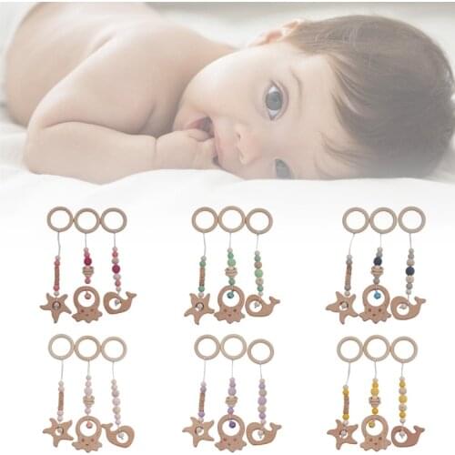 3 Pcs/Set Baby Play Gym Frame Stroller Hanging Pendants Wooden Ring Teether Molar Teething Nursing Rattle Toys Gifts Infant Room