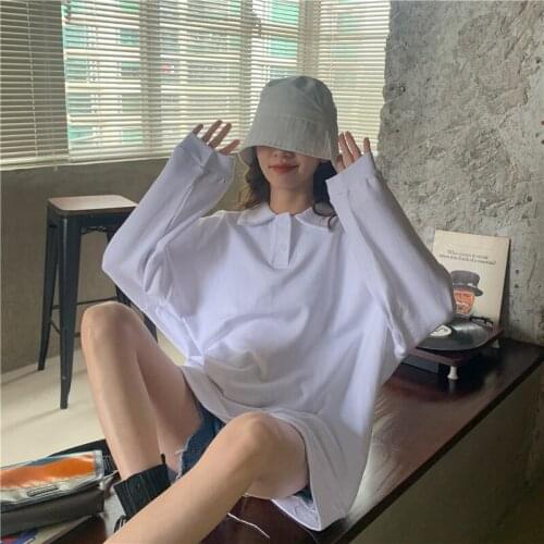 #7111 White Sweatshirt Tops Pullovers Women Polo Neck Long Sleeves Spring Summer Long Tracksuit Korean Style Casual Loose Tops