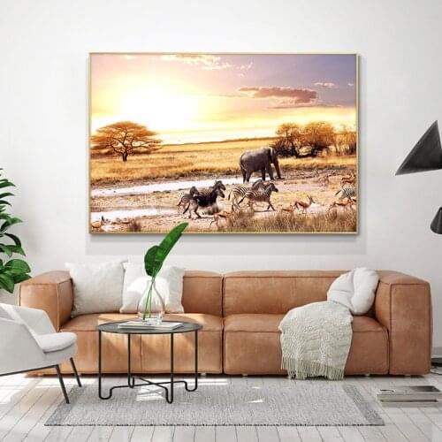 African Elephant And Zebra Wild Animal Canvas Art Painting Posters and Prints Cuadros Wall Art Picture for Living Room Decor
