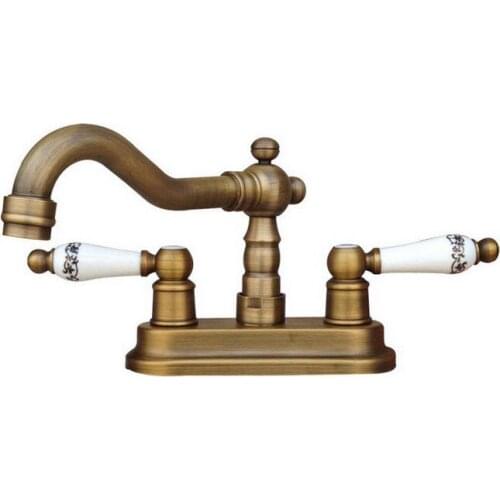 Antique Brass 4" Centerset Bathroom Two Holes Basin Faucet Sink Tap Dual Ceramics Handles Swivel Spout anf327