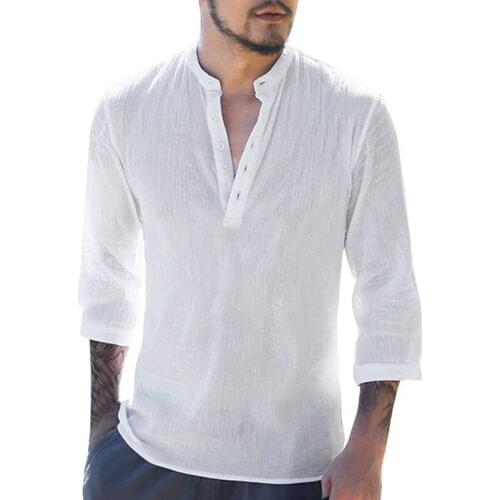 White Shirt Mens Stand Collar Half Sleeve Casual Men Shirts Solid V-Neck Camisa Work Daily Streetwear Oversized Chemise Homme