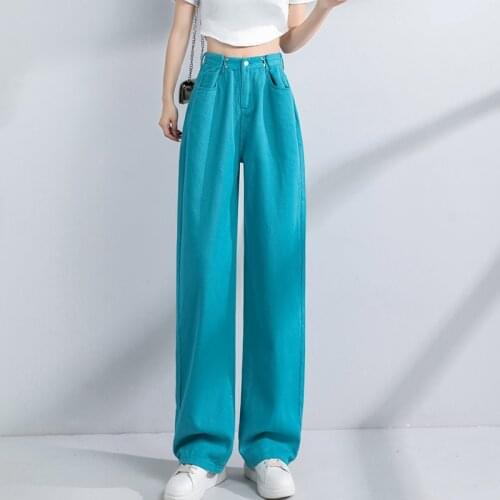 Wide Leg Pants For Women High Adjustable Waist Loose Full Length Fall Pockets Denim Straight Trousers Pink Jeans Pants P149