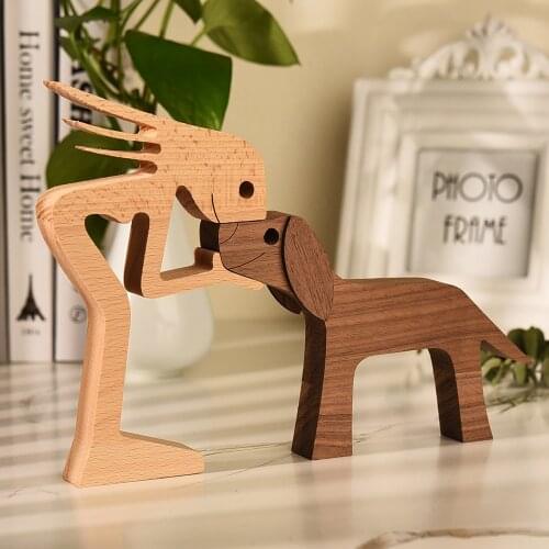 Wooden Dog And Human Craft Figurin Creative 3D Home Office Decoration Man Statue Wood Toy Desk ECO Friendly Free Shipping