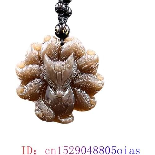 Brown Jade Nine Tailed Fox Pendant Amulet Natural Necklace Carved Jewelry Gemstone Charm Jadeite Fashion Gifts Women Chinese