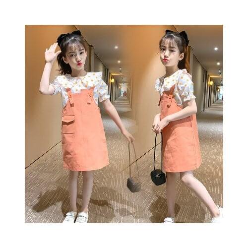 New 5-10 year old girls summer suits fashion large childrens clothing summer childrens short-sleeve strap dress two-piece suit