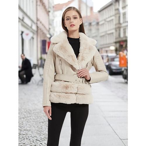 Giolshon 2021 New Winter Women Jacket Thick Warm Faux Suede Coat With Belt Faux Fur Collar PU Leather Jackets Outwear