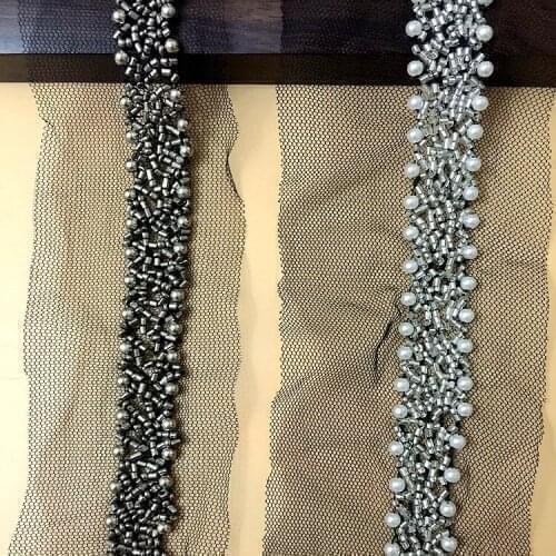 2yards DIY Pearl Beading Trims Handmade Beaded Ribbon For Sewing Curtain Accessories Mesh Lace Fabric Wedding Dress Decoration