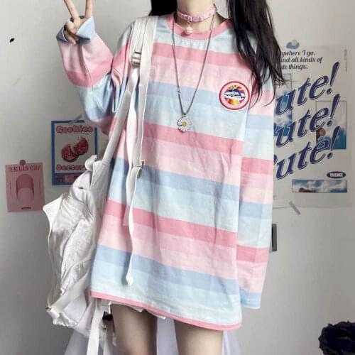 Soft Sister Girl Sweet Harajuku Tshirt Long-sleeved T-shirt Female Striped Bottoming Shirt Cartoon Embroidery Student Shirt