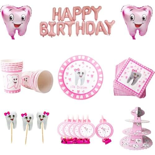 Baby Shower Series Party Disposable Tableware Set Pink Paper Plate Cup Baby First Tooth Girl Toothed Party Supply Decorations