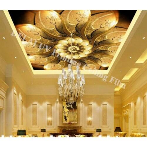 3D Crown Fantasy Stretch Ceiling Film With Falling Lighting Golden House Ceiling Film with harpoon