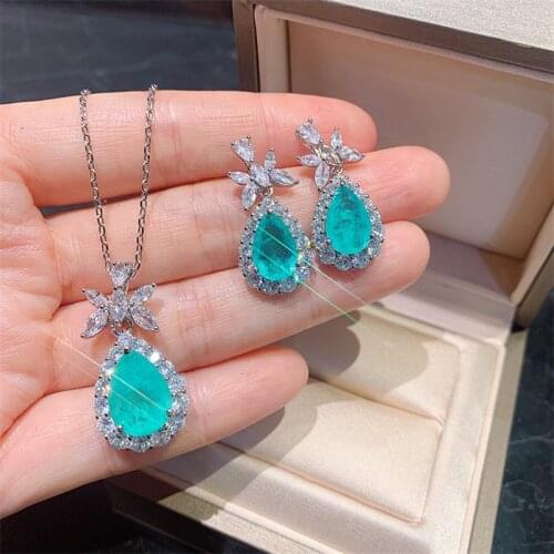 QTT New Arrival Ladies Gift Sets Emerald Paraiba Tourmaline Gemstone Pendant Necklace Earring Water Drop Silver Wedding Jewelry