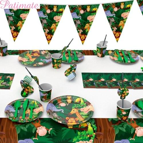 PATIMATE Green Jungle Animal Disposable Tableware Jungle Safari Party Supplies Birthday Party Decoration Kids Plates Cup Napkin