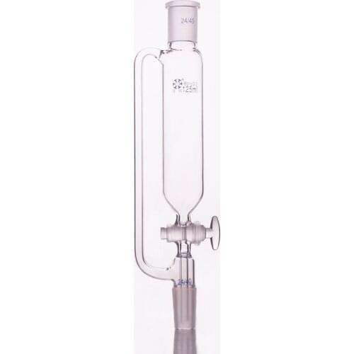 Separatory funnel constant pressure cylindrical shape,standard ground mouth.Capacity 125ml,Joint 24/40+24/40,Glass switch valve