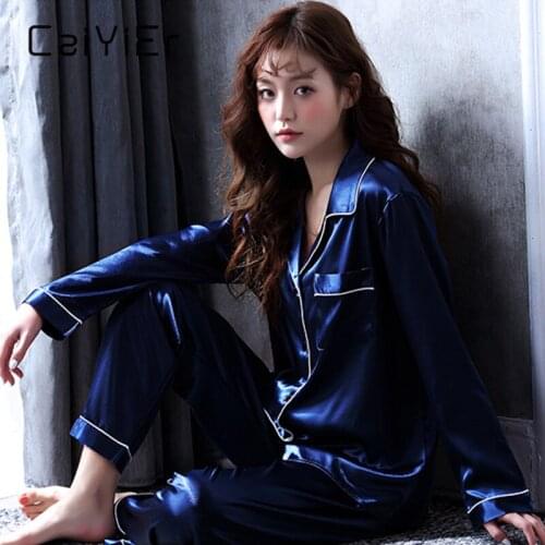 CAIYIER Soild Silk Satin Pajamas Set Blue Sexy Turn-down Collar Sleepwear For Women Long Sleeve Nightwear Winter Loungewear M-2L