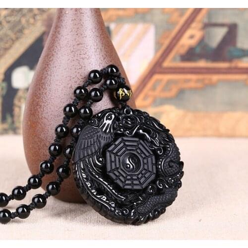 Black Obsidian Carving Dragon and Phoenix Necklace Pendant Obsidian Lucky Pendants