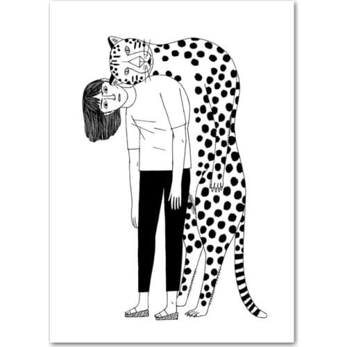 Leopard Girl Nordic Poster Wall Art Canvas Painting Black White Posters And Prints Wall Pictures For Living Room Decor