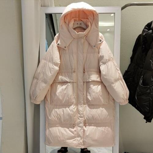 2021 New Down Jacket women Mid-length Over The Knee Korean Loose Thick Hooded Waist Pocket White Duck Down Jacket