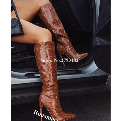 Newest Fashion Pointed Toe Snake Leather Stiletto Heel Knee High Boots Brown Long High Heel Boots Club Dress Shoes